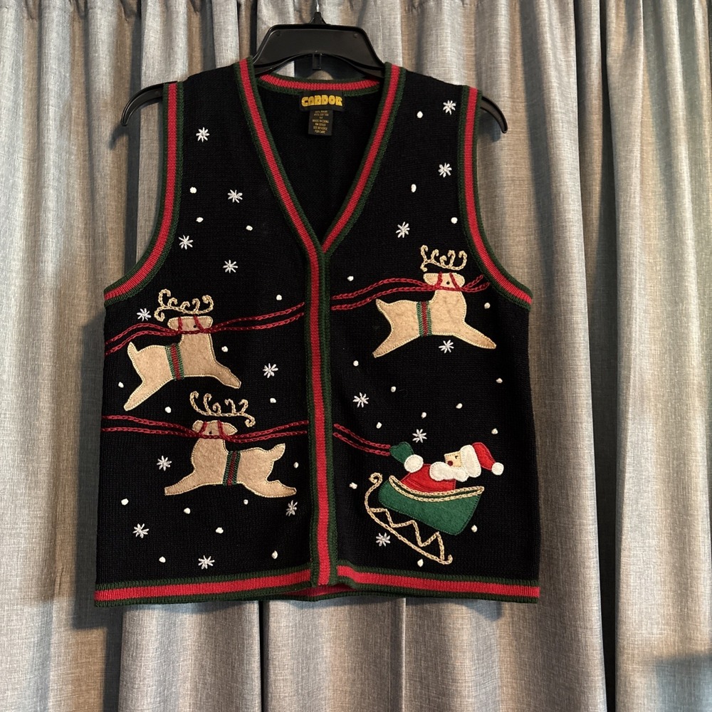 Vtg Black Santa Reindeer Sleigh Ugly Christmas In July Sweater Party Vest Medium